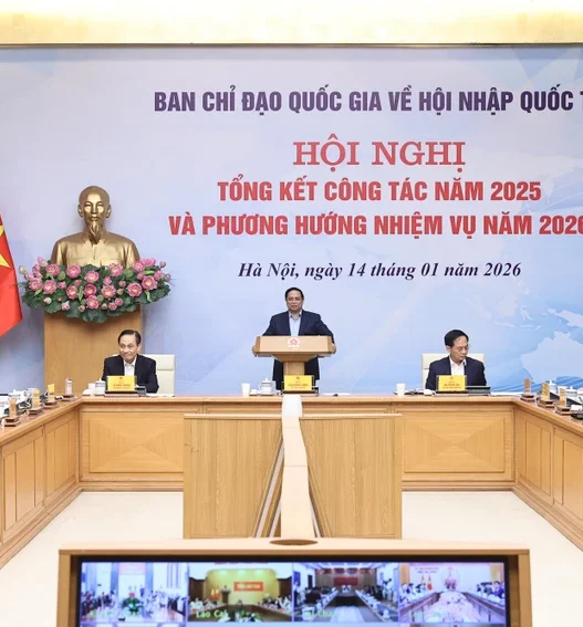 Hội nghị tổng kết công tác năm 2025 và định hướng nhiệm vụ 2026 của Ban Chỉ đạo quốc gia về hội nhập quốc tế, với Thủ tướng phát biểu trước các đại biểu tại Hà Nội.