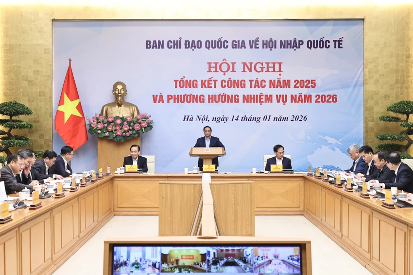 Hội nghị tổng kết công tác năm 2025 và định hướng nhiệm vụ 2026 của Ban Chỉ đạo quốc gia về hội nhập quốc tế, với Thủ tướng phát biểu trước các đại biểu tại Hà Nội.